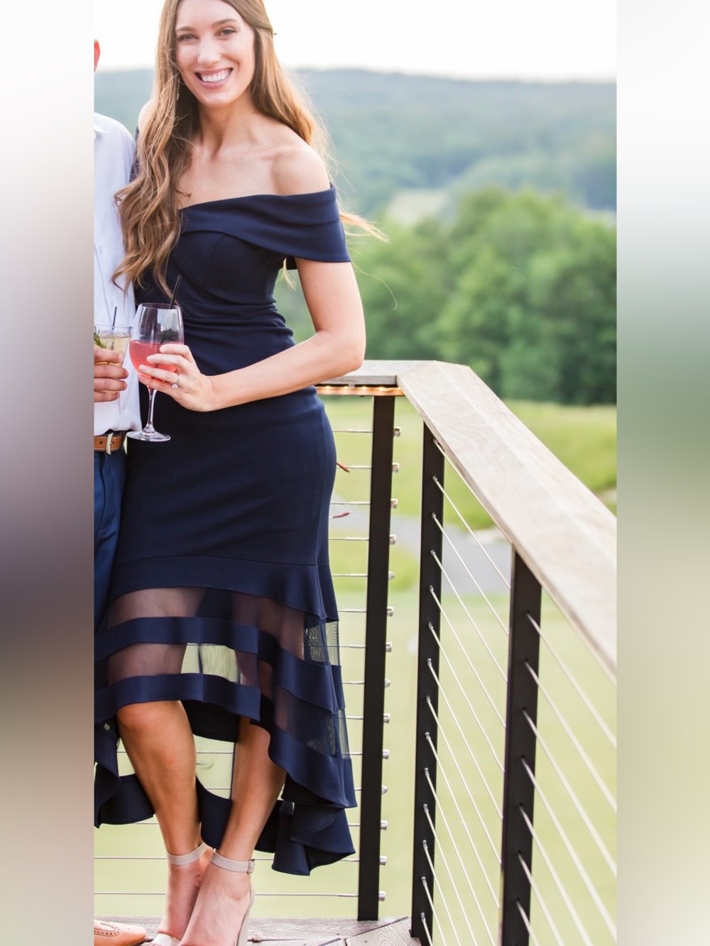 Off-Shoulder High-Low Navy Blue Mesh Hem Dress